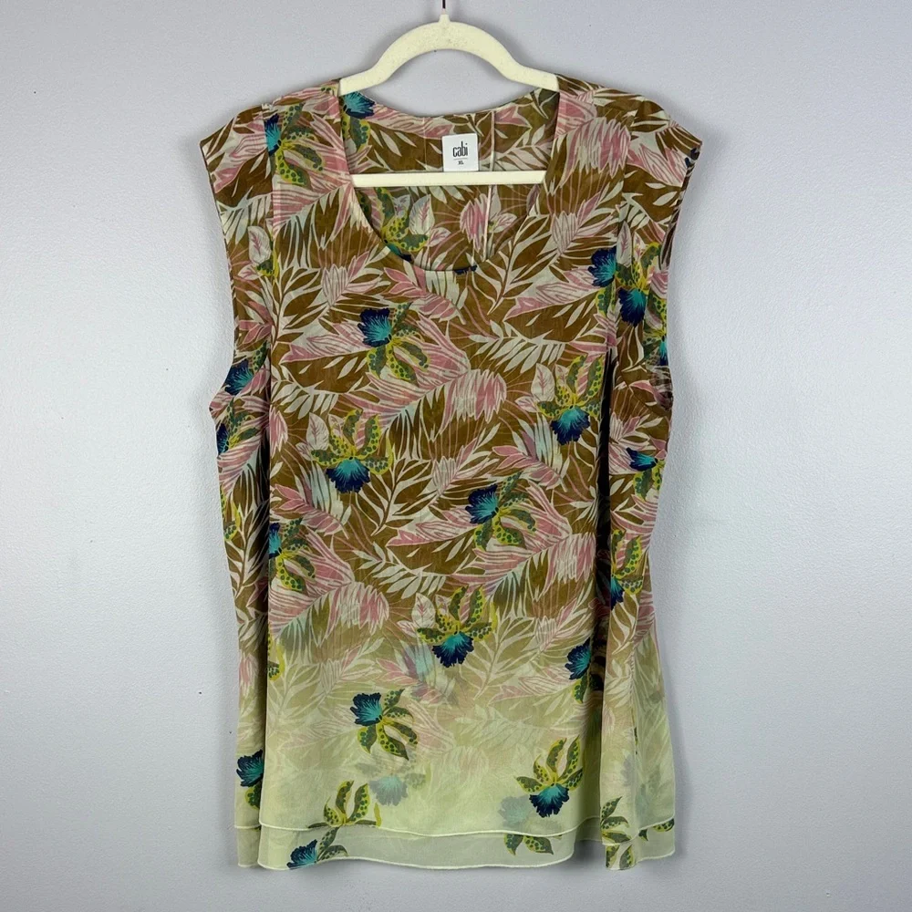CAbi Tropical Orchid Print Parlor Sleeveless Double Layered Chiffon XL Blouse - Picture 2 of 13